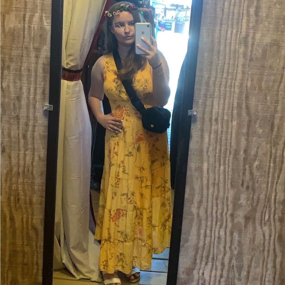 Yellow Smocked Prairie Dress With Floral Detailing And Buttons Size S